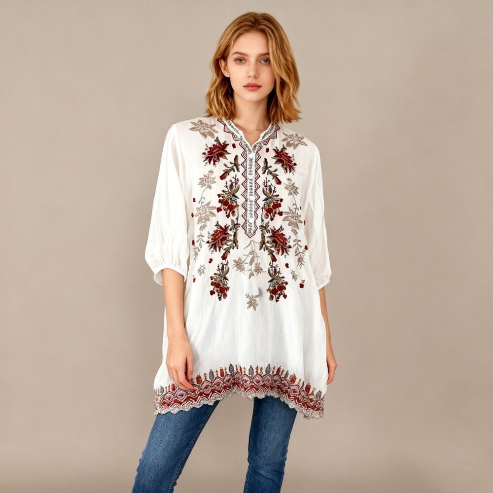 NWOT JOHNNY WAS Embroidered Floral Bohemia Long SHIRT Tunic Blouse Sz S